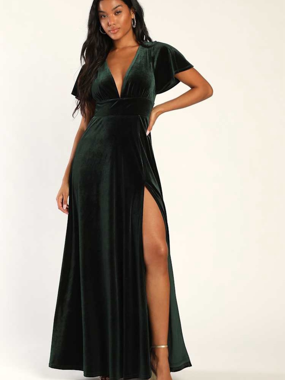 NWT Lulus Emerald Green Velvet Flutter Sleeve Maxi Dress Wedding Guest Small